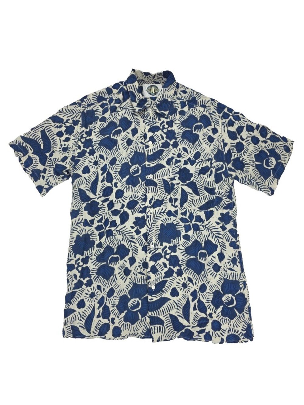 Silks Button Shirt Mens Medium Blue Short Sleeve 100% Silk Floral Hawaiian Print